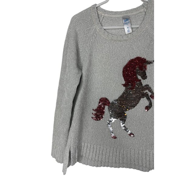 Justice Girls 8 Unicorn Sweater Flip Sequin Metallic Knit Gray Top - Picture 3 of 13